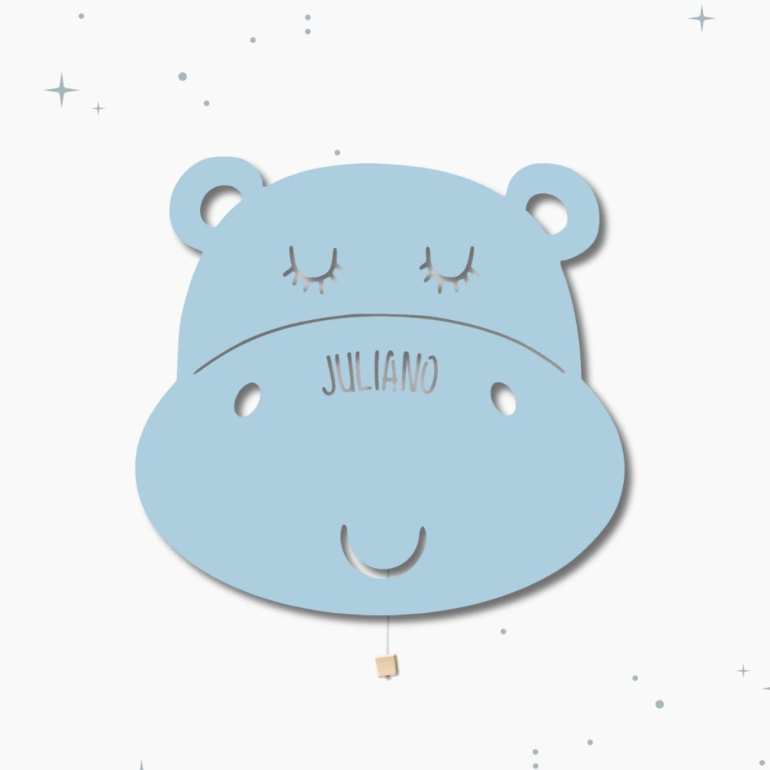 Lampada da parete personalizzata per cameretta bambini a forma di ippopotamo azzurra polvere blu