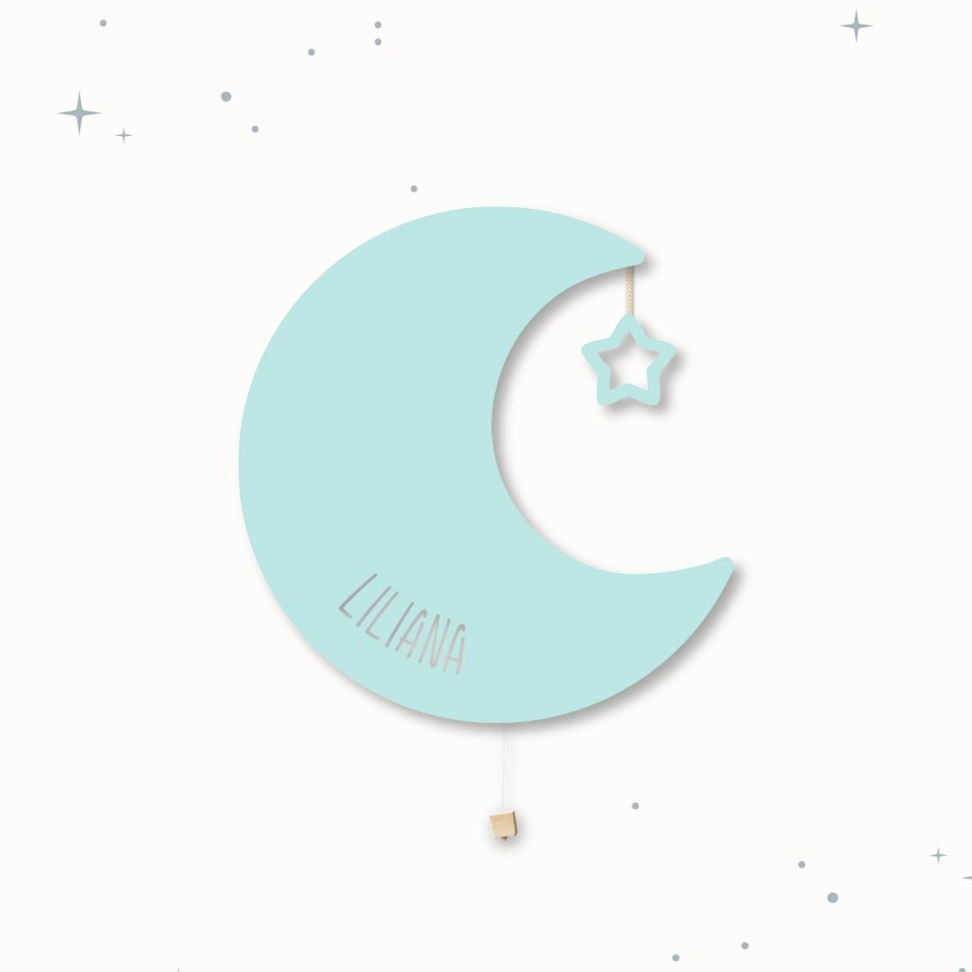 Lampada da parete personalizzata per cameretta bambini a forma di luna verde acqua