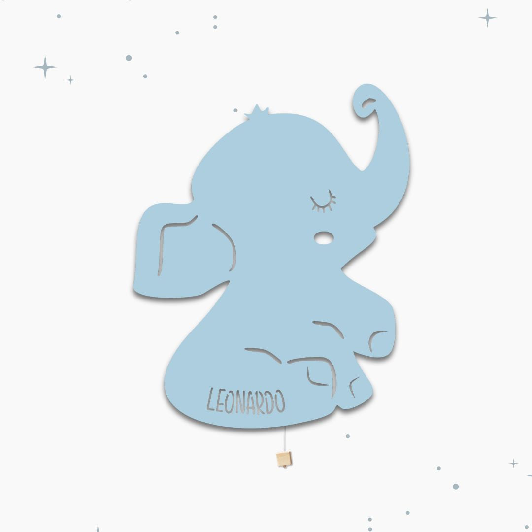 Lampada da parete personalizzata per cameretta bambini a forma di elefante azzurra polvere blu