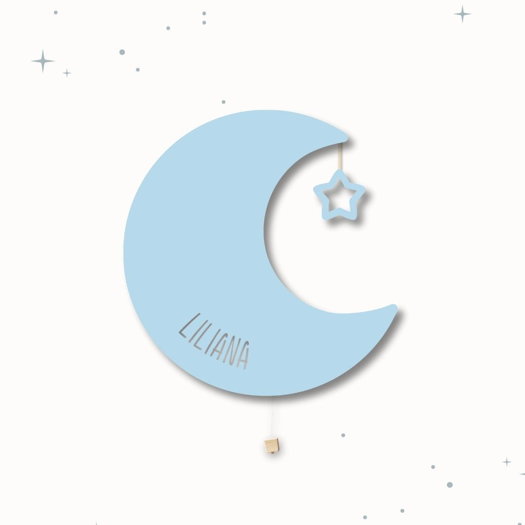 Lampada da parete personalizzata per cameretta bambini a forma di luna azzurra polvere blu