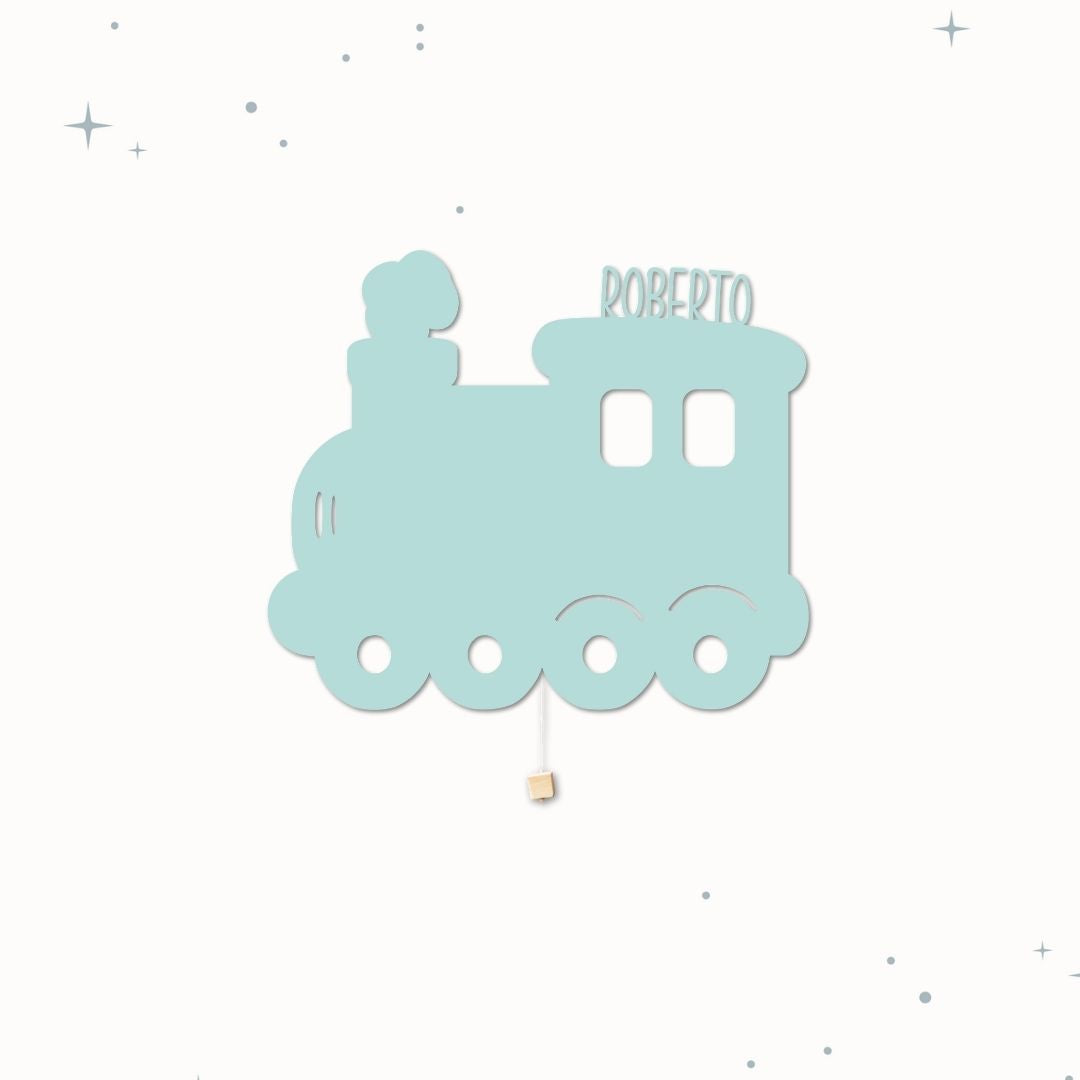 Lampada da parete personalizzata per cameretta bambini a forma di treno verde acqua