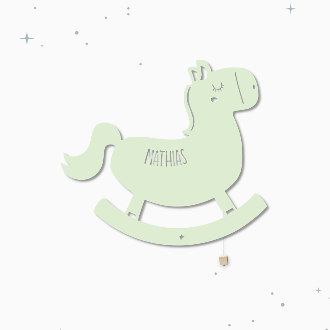 Lampada da parete personalizzata per cameretta bambini a forma di cavalluccio verde latte e menta