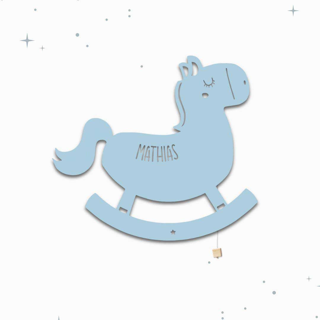 Lampada da parete personalizzata per cameretta bambini a forma di cavalluccio azzurra polvere blu