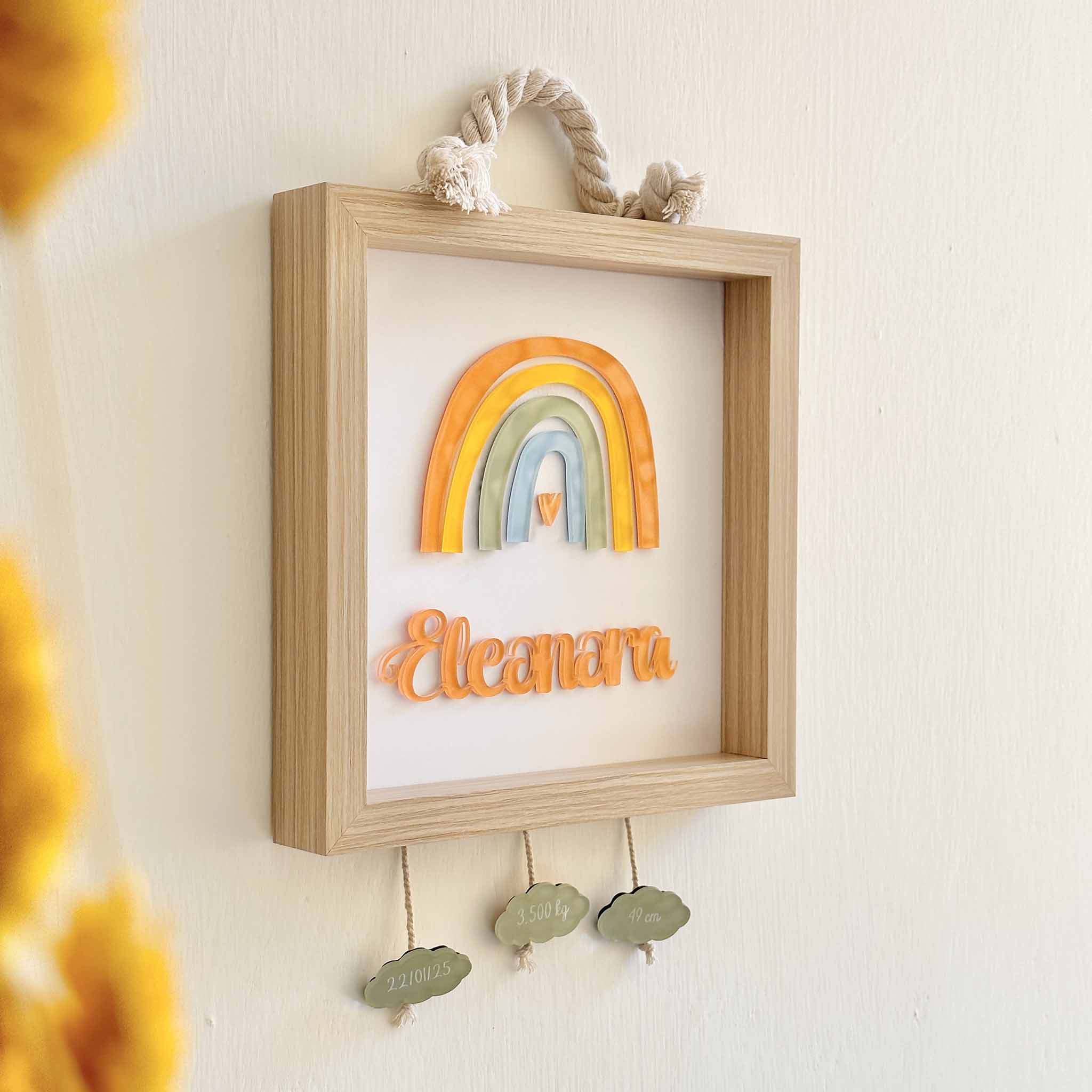 Quadro nascita personalizzato in legno arcobaleno colorato