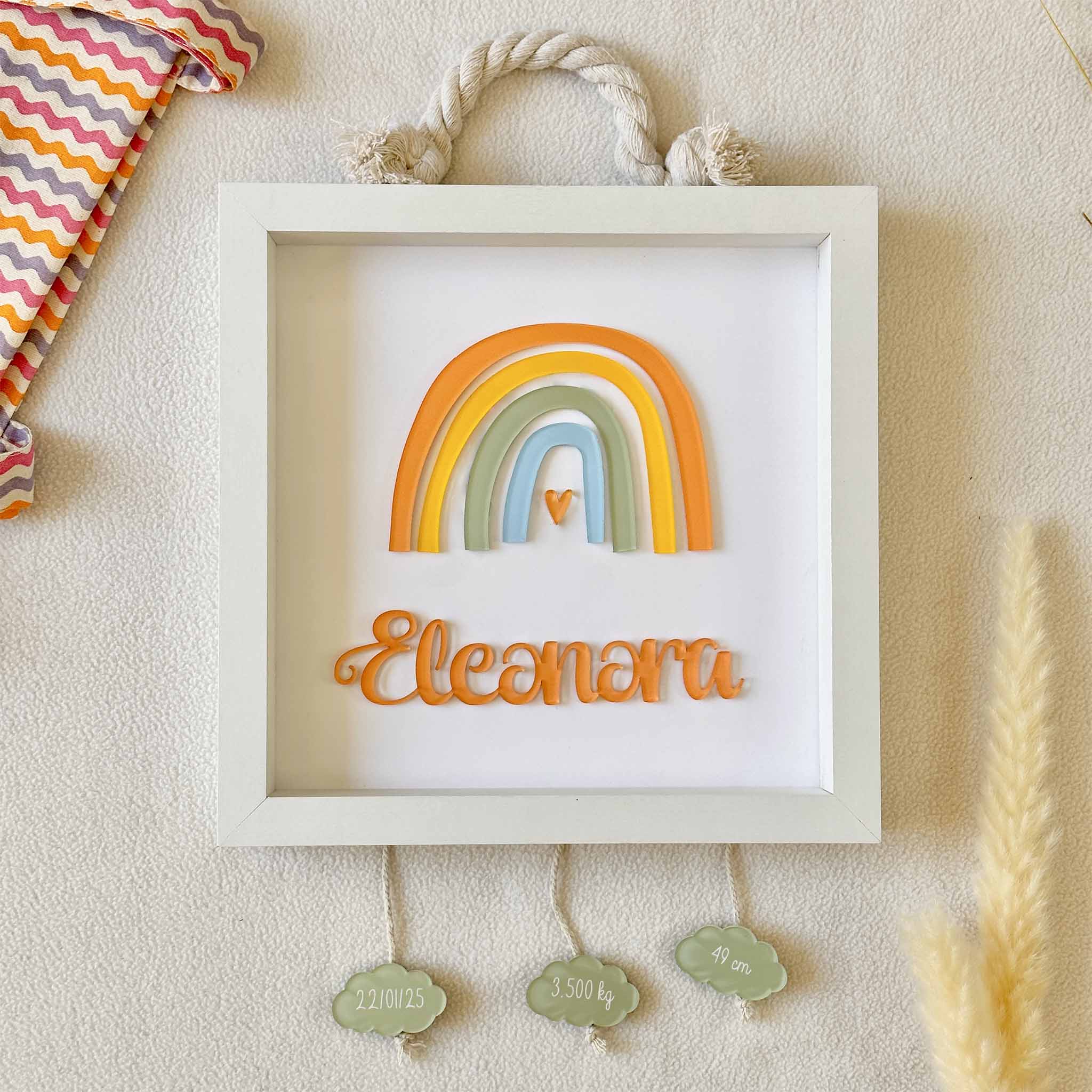Quadro nascita personalizzato bianco arcobaleno