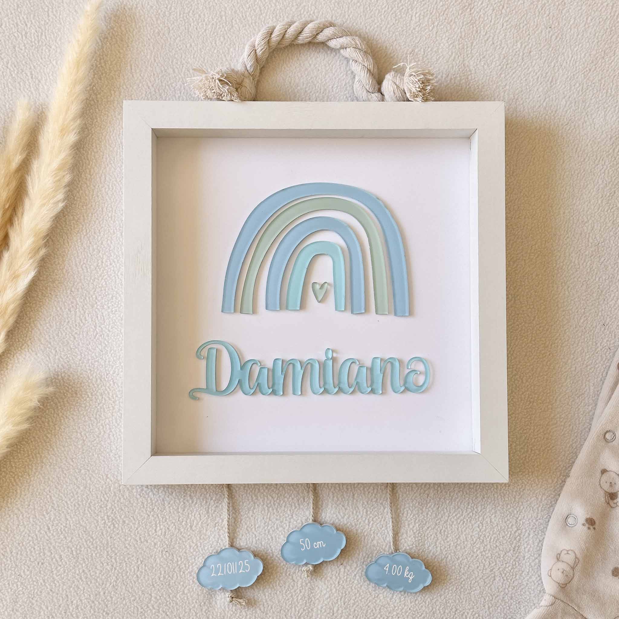 Quadro nascita personalizzato in legno bianco e blu