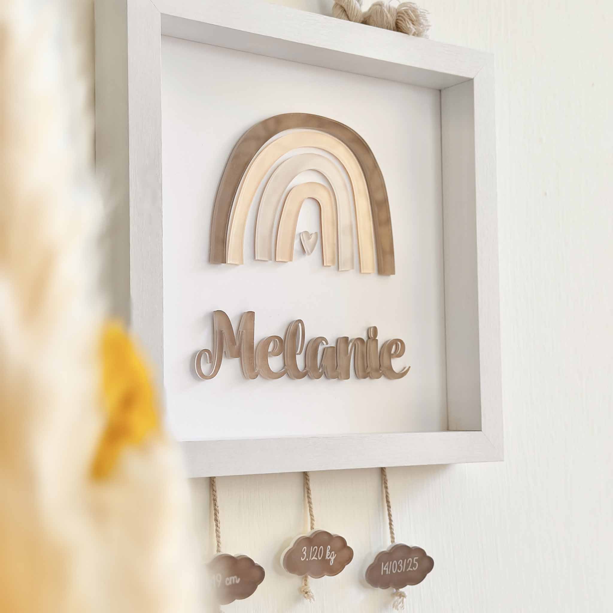 Quadro nascita arcobaleno legno bianco e beige