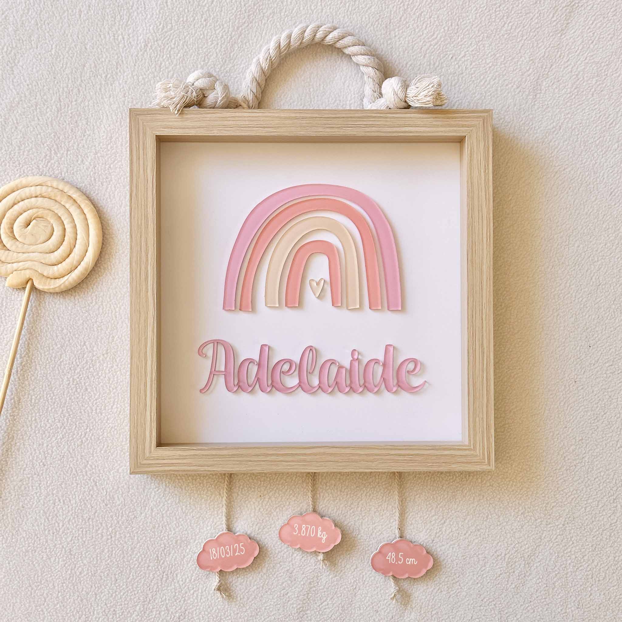 Quadro nascita personalizzato in legno arcobaleno rosa